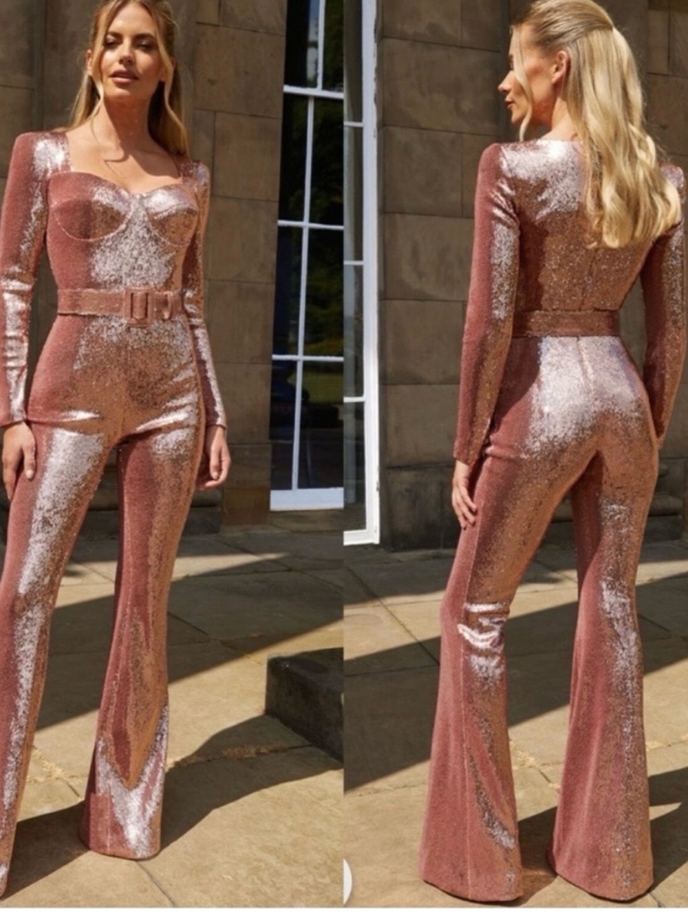 NADINE MERABI Rose Gold Sequin Belted Flared Jumpsuit(missing belt)